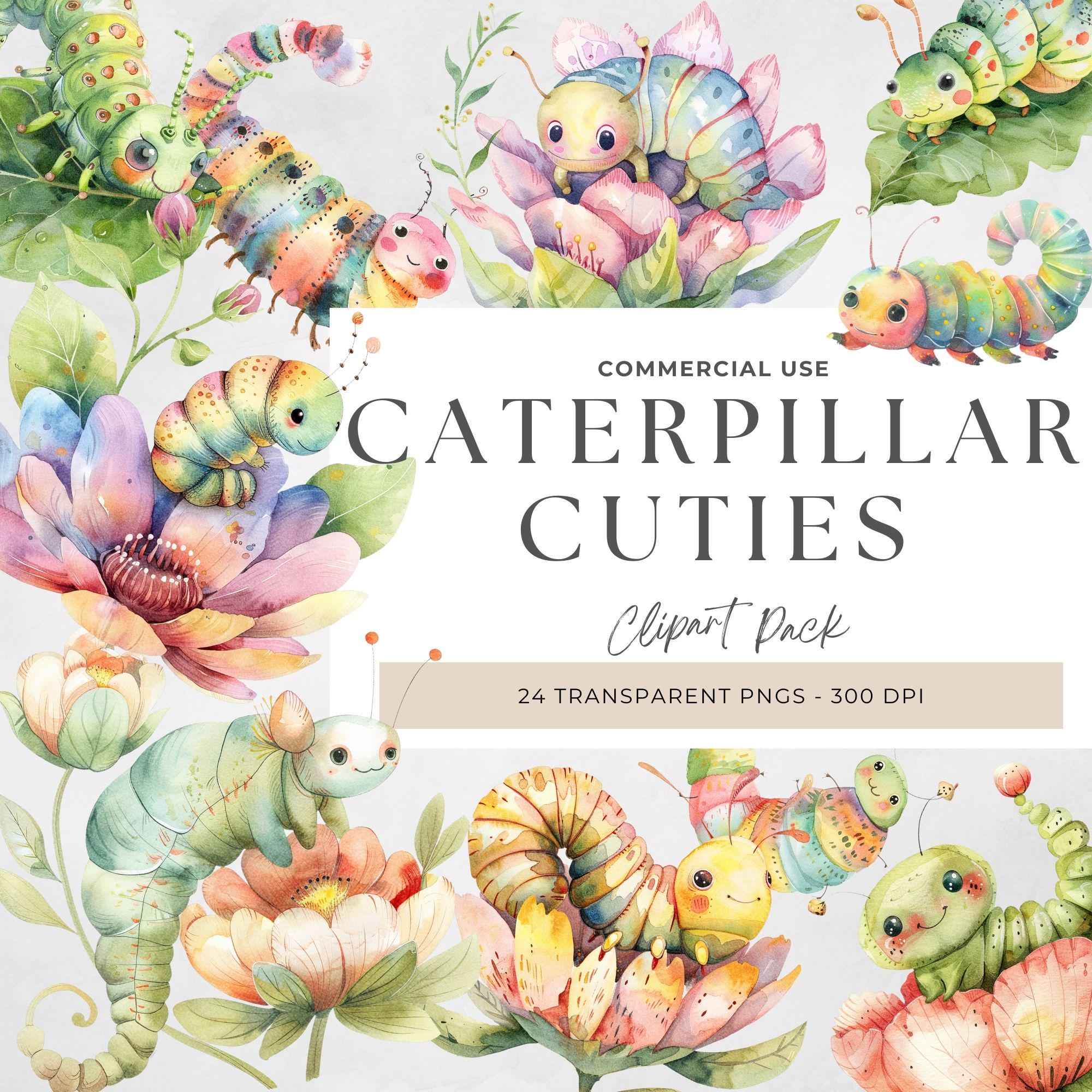 Watercolor Caterpillar Clipart, Cute Worm,  Cartoon Art, Little Caterpillar Clipart, Spring Insect, Childrens Illustration Style Graphics