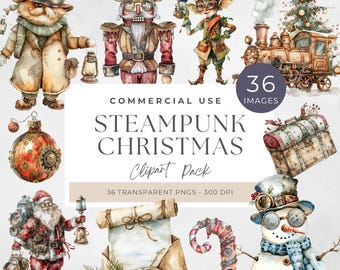 Steampunk Christmas Clipart: Vintage Holiday PNG Graphics (Digital Download)