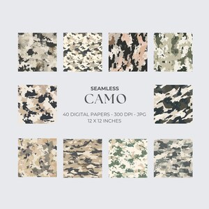 May include: A collection of seamless camo patterns in various color schemes, including shades of green, brown, beige, and black. The image displays 12 x 12 inch digital papers, with the word "CAMO" in the center. The image includes the text "40 DIGITAL PAPERS - 300 DPI - JPG".