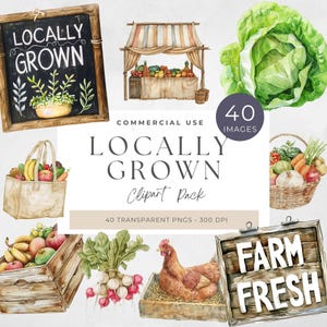 Clipart de productos locales, mercado de agricultores en acuarela, clipart de frutas y verduras, PNG de jardín, descarga digital, uso comercial, acuarela