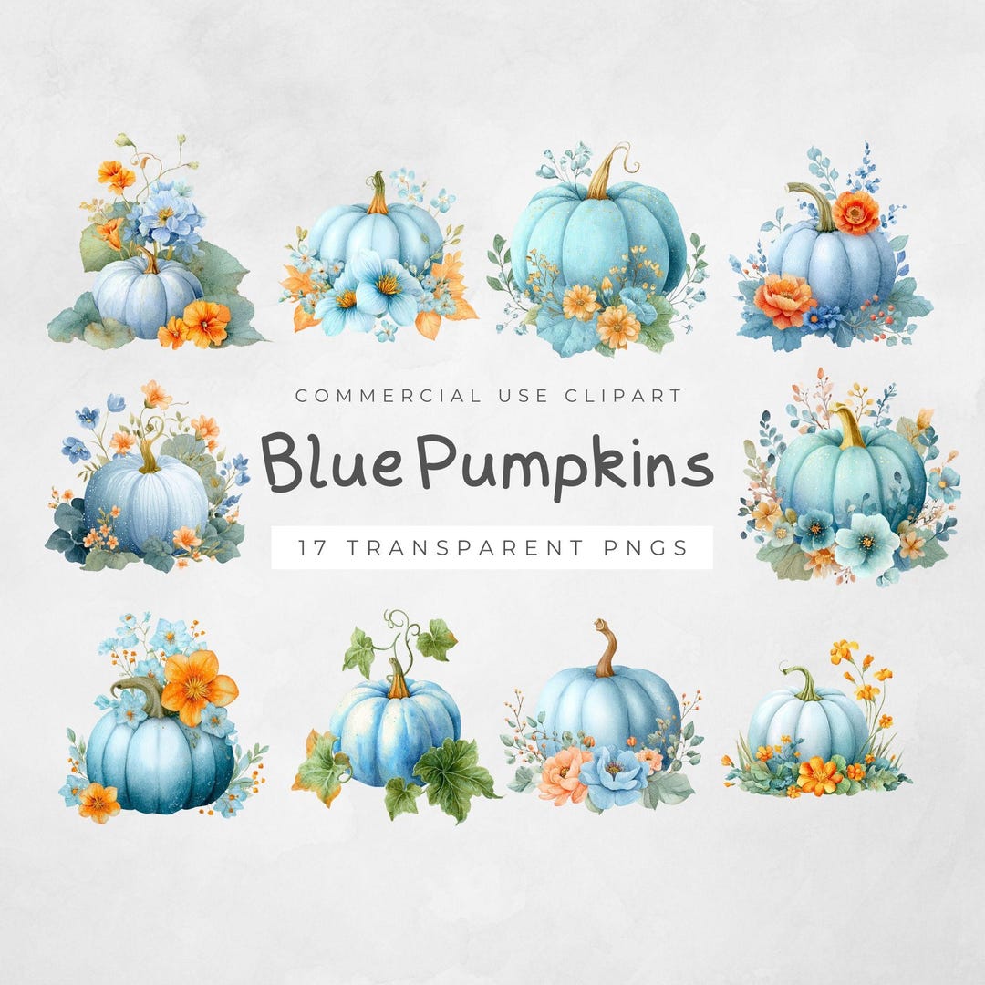 Blue Floral Pumpkin PNG, Autumn Clipart, Fall Digital Download ...