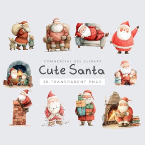May include: Watercolor clipart set featuring multiple illustrations of Santa Claus in various poses. Santa is shown with children, by a fireplace, and carrying gifts. The text "Cute Santa" is also included.