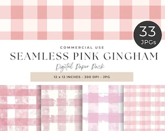 Light Pink & White Gingham Plaid Checks Digital Paper, Gingham Digital Paper, Seamless Patterns, Scrapbooking, Backgrounds, Commercial Use