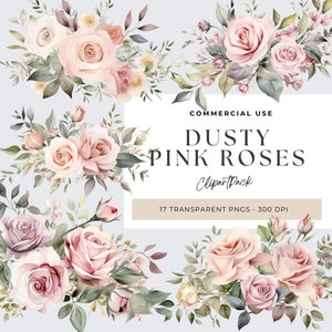 Dusty Rose Flower Clipart, Dusty Pink Roses Bouquet, Blush Rose Png, Pastel Roses Clip Art,  Floral Bouquet Clip Art, Premade Bouquets PNG