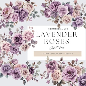 Clipart de rosa lavanda, PNG transparente, PNG de rosas lavanda, clipart floral roxo, elementos florais, flor aquarela, convite de casamento