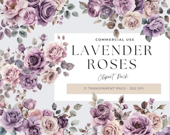 Lavender Rose Clipart, Transparent PNG, Lavender Roses PNG, Purple Floral Clipart, Floral Elements, Watercolor Flower, Wedding Invitation