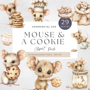 Op de afbeelding: Watercolor clipart pack met schattige muizen en koekjes. De afbeelding bevat verschillende illustraties van muizen met koekjes, een kokmuis en de tekst "MOUSE & A COOKIE Clipart Pack". Het pakket bevat 29 transparante PNG-afbeeldingen.