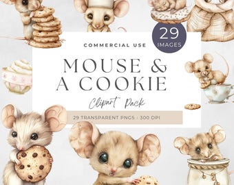 May include: Watercolor clipart pack featuring adorable mice with cookies. The image includes various illustrations of mice interacting with cookies, a chef mouse, and the text "MOUSE & A COOKIE Clipart Pack". The pack contains 29 transparent PNG images.