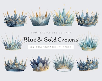 Blau und Gold Prince Royal Kronen Clipart, digitale PNG für Babyparty, Geburtstag und Partydekorationen
