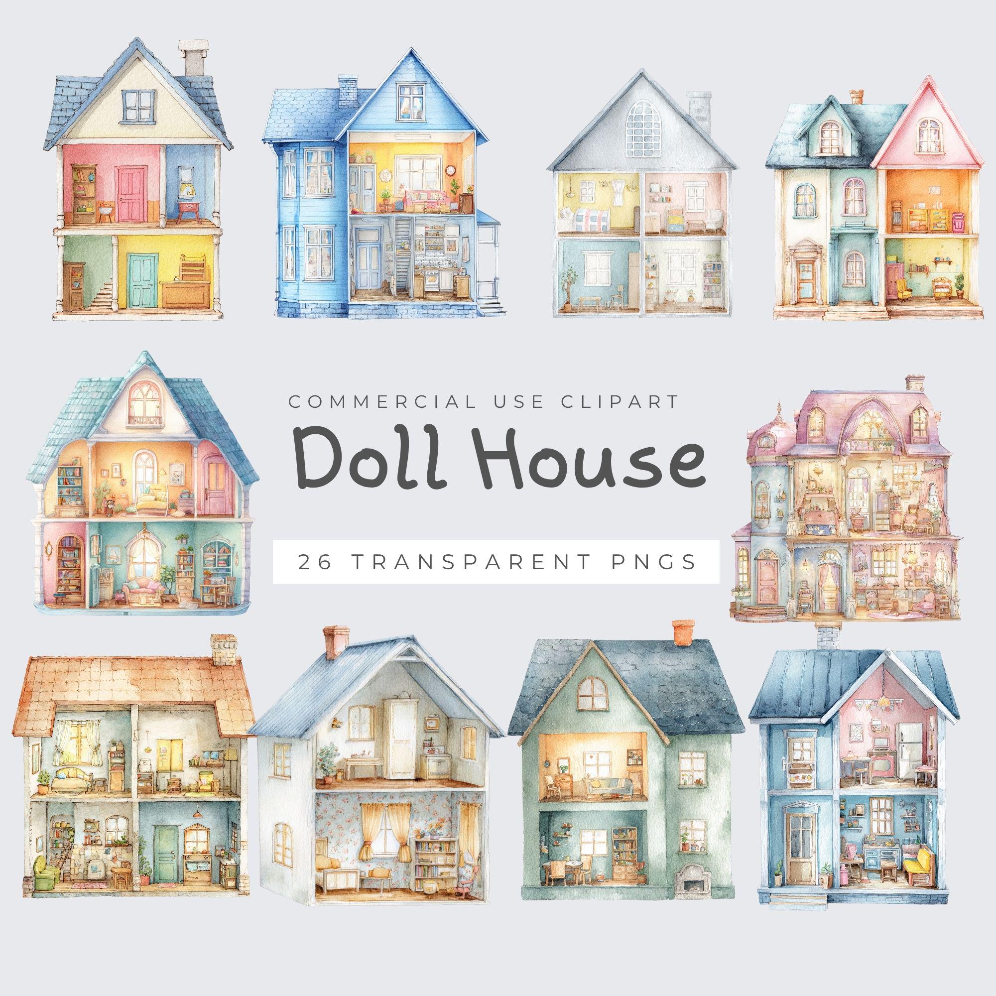 Doll House Clipart, Vintage Watercolor PNG, Digital Download for
