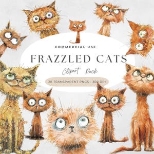 Frazzled Cat Clipart,  Quirky Watercolor Illustrations for Scrapbooking, Cute Cartoon Kittens for Crafts, High Quality Digital Art, Whimsy