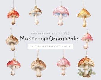 Mushroom Ornament Clipart, Cozy Christmas Decor PNG, Watercolor Holiday Art, Printable Stickers for Gifts