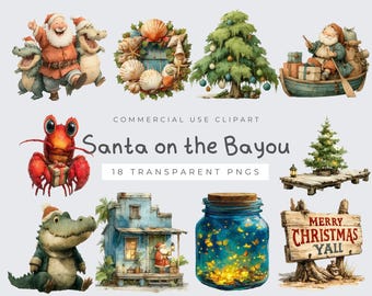 Cajun Christmas Clipart, Watercolor Santa & Alligator Art, Southern Bayou Digital Download for Crafts