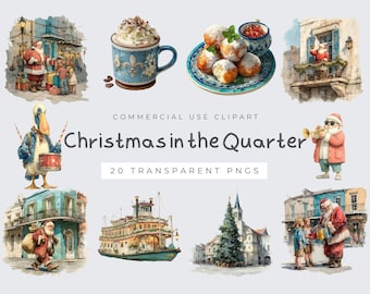 French Quarter Winter, Cajun Christmas Clipart, Watercolor Santa & Alligator Art, Southern Louisiana Crafts