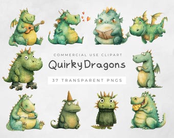 Quirky Dragon Clipart, Cute Watercolor PNGs, Digital Download for Card Making, Fantasy Craft Art, Whimsical Creatures, High Quality