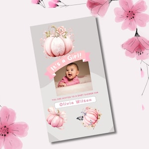 K&ouml;nnte beinhalten: Eine rosa und graue Babyparty-Einladung mit einem Bild eines kleinen M&auml;dchens. Die Einladung lautet "Es ist ein M&auml;dchen!" und "Sie sind zu einer Babyparty f&uuml;r Olivia Wilson eingeladen".