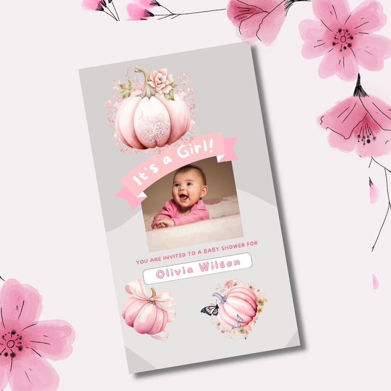 K&ouml;nnte beinhalten: Eine rosa und graue Babyparty-Einladung mit einem Bild eines kleinen M&auml;dchens. Die Einladung lautet "Es ist ein M&auml;dchen!" und "Sie sind zu einer Babyparty f&uuml;r Olivia Wilson eingeladen".