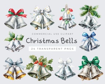 Christmas Bells Clipart, Festive Winter Holiday, Watercolor Holiday Decorations, Digital Download for Crafting & Scrapbooking