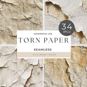 Può includere: Un prodotto digitale con quattro sezioni di sfondi di carta strappata strutturata in tonalità beige e marrone. Il prodotto include 34 JPG ed è descritto come senza cuciture. Il testo sull'immagine recita "Torn Paper" e "12 x 12 pollici - 300 DPI (30,5 x 30,5 cm)."