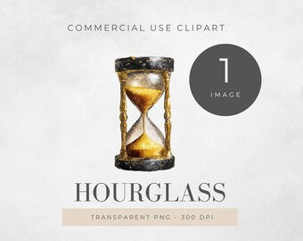 May include: Watercolor illustration of an hourglass with gold accents and black detailing. The text "HOURGLASS" is below the image, with "COMMERCIAL USE CLIPART" above. A gray circle with the number "1" is on the right.