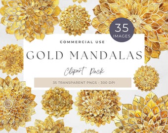 May include: A collection of gold mandala designs. The image features multiple golden floral patterns with intricate details. Text on the image reads "GOLD MANDALAS" and "Clipart Pack". The image also states "35 Images" and "Commercial Use".