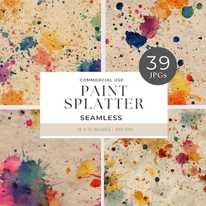 May include: A collection of four seamless paint splatter designs. The designs feature colorful paint splatters in shades of blue, orange, yellow, pink, and green on a beige background. The image includes text that reads "COMMERCIAL USE PAINT SPLATTER SEAMLESS 12 x 12 INCHES - 300 DPI" and a circle with the number "39" and the word "JPGs".