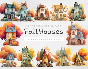 Clipart autunnale di cottage, grafica autunnale accogliente, illustrazioni di zucche, download digitale di acquerelli per lavoretti