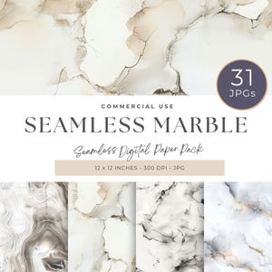 May include: A digital paper pack with 31 seamless marble patterns in various shades of white, gray, and beige. The patterns are 12 x 12 inches and 300 DPI. The text "COMMERCIAL USE" and "SEAMLESS MARBLE" is displayed on the image.
