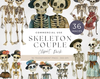 Paquete de imágenes prediseñadas de pareja de esqueletos, descarga digital de Halloween, gráficos PNG para bodas, ideas de manualidades góticas, adorables, extravagantes, divertidas y originales.