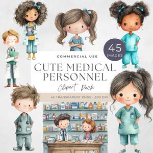 Lindo clipart médico en acuarela, gráficos de atención médica, descarga digital para manualidades, adorable enfermera y doctor PNG, hospital, adorable