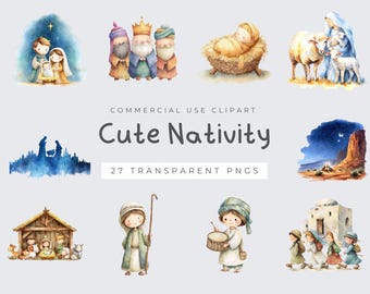 Lindo clipart de la Natividad, escena navideña en acuarela PNG, Niño Jesús, Sagrada Familia, descarga digital para manualidades
