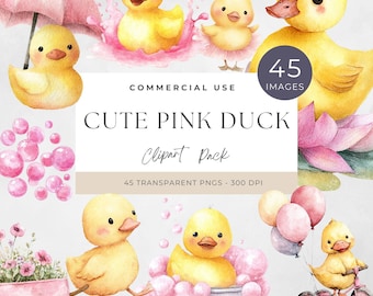One Lucky Duck Clipart, Cute Rubber Duck PNG, Birthday Invitation Art, Watercolor Duck for Kids, Digital Download, Rainbow, Balloons