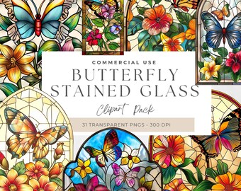Stained Glass Butterfly Clipart, Watercolor PNG (Digital Download)