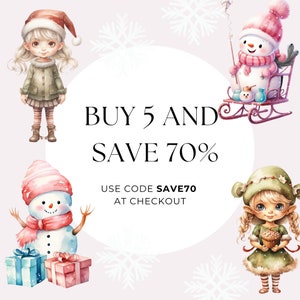 K&ouml;nnte beinhalten: Eine festliche Illustration mit Winterthema, die ein M&auml;dchen, einen Schneemann und einen Kobold zeigt. Der Text lautet "KAUFE 5 UND SPAR 70% NUTZE CODE SAVE70 AN DER KASSE".