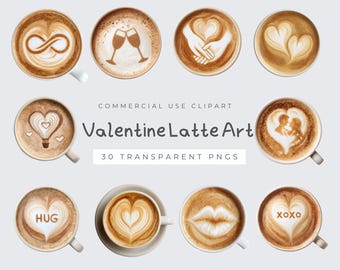 Latte Art Clipart, Valentine Day, Watercolor Coffee PNG, Digital Download for Crafting, Cafe Decor, and Scrapbooking Ideas