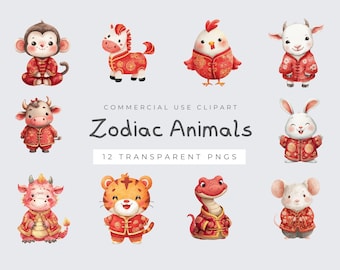 Zodiac Signs Clipart Bundle: Astrology PNG Graphics for Digital Download, Commercial Use, Watercolor Art, Chinese Zodiac Animals