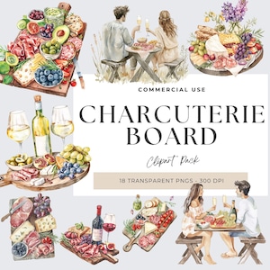 Descarga digital Charcuterie Board Clipart, Paquete de tabla de charcutería, Queso acuarela, Comida Png, Vino mixto, Cultura francesa, Uva