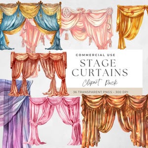 Cortinas de palco, cortinas de teatro vintage, fundos de ópera, cenas de peça PNGs para decoração de eventos, gráficos de sobreposição digital, clipart de aquarela