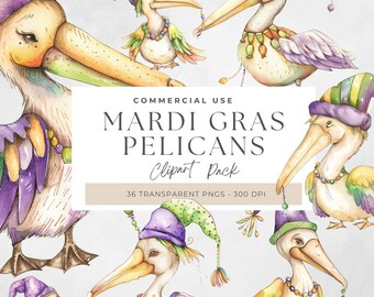 Mardi Gras Pelican PNG Clipart, Watercolor Sublimation Design (Digital File Download)