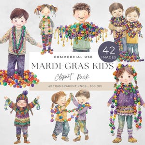 Mardi Gras Clipart, Cute Kids, Festive PNG Designs, Beads, Sublimation Files, New Orleans Parade, Adorable Children, Louisiana, NOLA