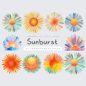 May include: A collection of watercolor sunburst designs in various colors, including orange, yellow, blue, and pink. The image includes the text "Sunburst" and "23 Transparent PNGs."