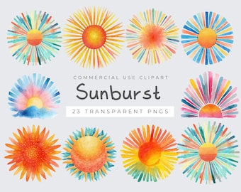 Watercolor Sunburst Clipart, Cute Sun PNG for Summer Projects, Digital Art, Printable Graphics, Bright Image