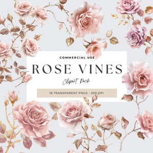 Rose Vine Clipart, Fantasy Pflanzen, dekorative Border, Png digitale Clipart, Gold Floral, sofortiger digitaler Download, kommerziell, Valentine Rose