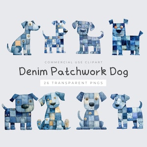 Denim Patchwork Hund PNG, Jean Valp, Söt Clipart för Hantverk, Digital Nedladdning, Sublimeringsdesign, Rustik Hundkonst