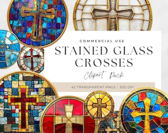 Round Stained Glass Cross Png, Stained Glass Cross Clipart, Cross Clipart Bundle, Watercolor Cross, Christian, Digital Download, Card Making