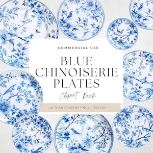 Blue Chinoiserie Plate PNG Clipart, Vintage Watercolor Dinnerware, White Floral Design, Asian Porcelain Art, Digital Download for Crafts