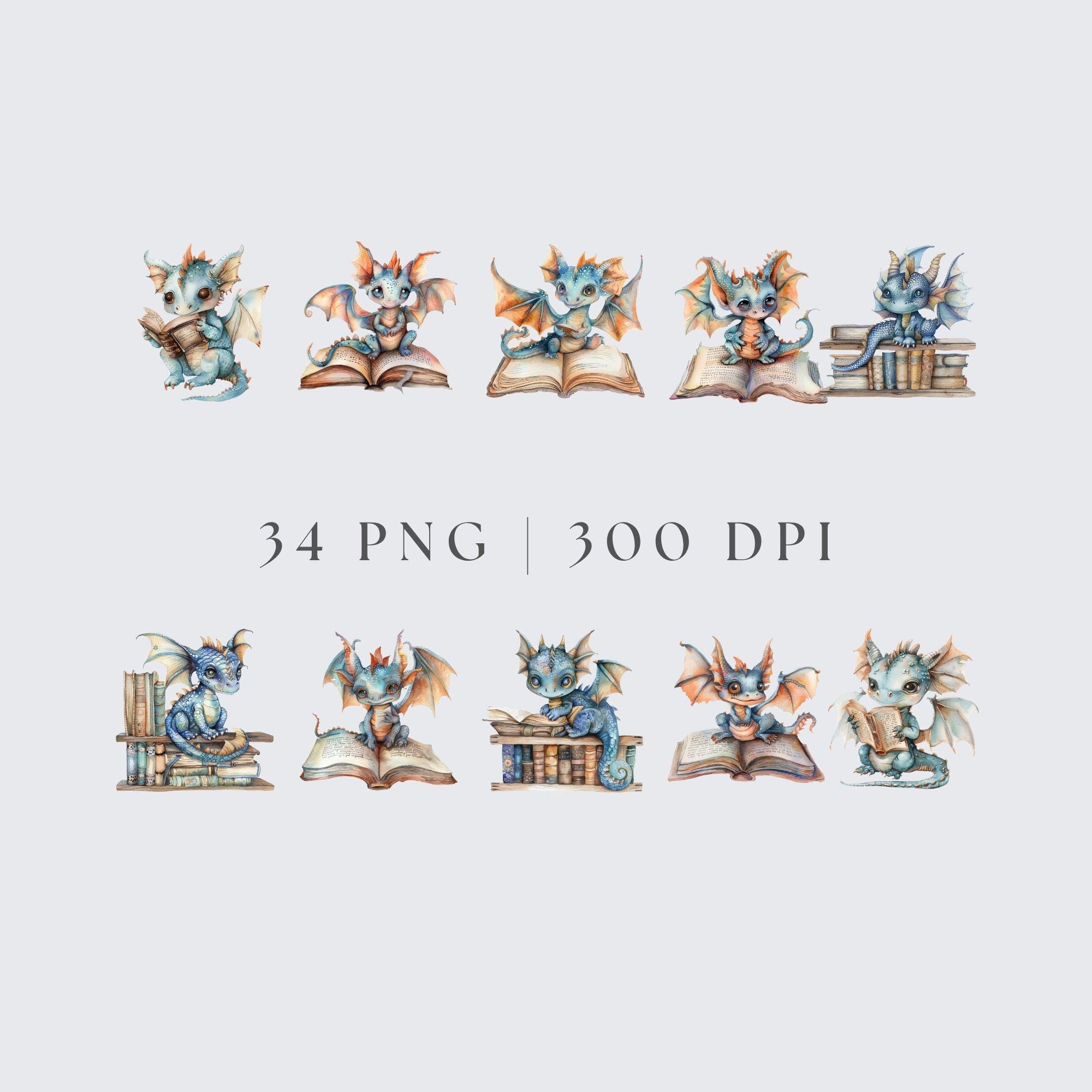 Dragon and Books PNG, Fantasy Clipart for Book Lovers, Digital Download ...