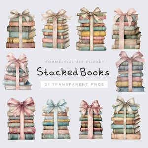 May include: Watercolor illustration of stacked books tied with ribbons. The books are in various colors, including blue, pink, yellow, and brown. The ribbons are in shades of pink, beige, and blue. Text reads "Stacked Books" and "21 Transparent PNGs".