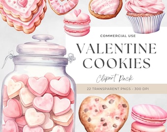 Aquarell Valentinstag Clipart: Herz Kekse & Süßigkeiten (PNG Digital Download)