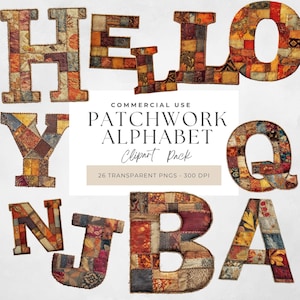 Puede incluir: Un conjunto de letras del alfabeto de patchwork en varios colores, incluyendo marrón, naranja y rojo. Las letras están hechas de piezas de tela cosidas. La imagen también incluye el texto "PATCHWORK ALPHABET Clipart Pack".
